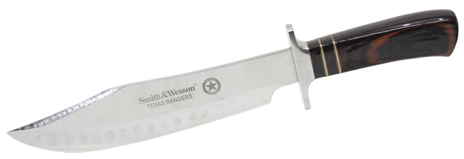 SMITH & WESSON TEXAS RANGERS BOWIE KNIFE, 15.5": Smith & Wesson Texas Rangers commemorative Bowie knife, design by Stewart Taylor, a "limited issue," 10" blade, 15.5" overall, black leather scabbard with Texas star emblem, overall: 16.25"l Start Pri