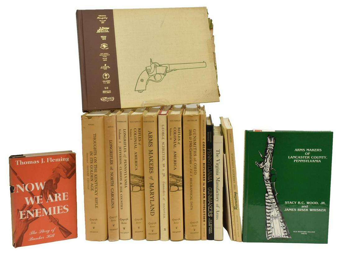 17) BOOKS: HISTORICAL FIREARMS, LONG RIFLES SERIES: (lot of 17) Collection of books, comprising: (1) "A Pictorial History of U.S. Single Shot Martial Pistols," James M. Kalman and C. Meade Patterson, colored illustrations; (1) " "U.S. Pistol Model 1813