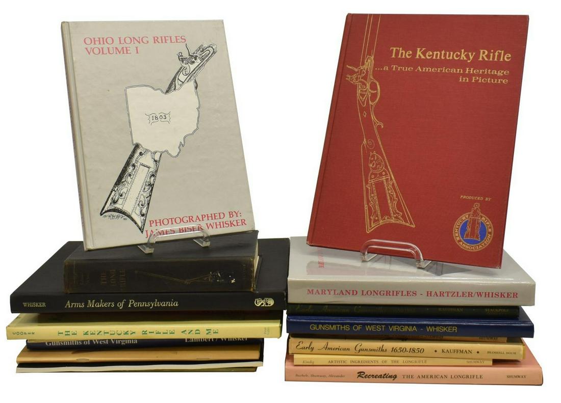19) BOOKS: OHIO, VIRGINIA, PENN. FIREARMS HISTORY: (lot of 19) Collection of historical firearms books, comprising: (1) "The Long Rifle," Stewart Edward White, 1932, 383 pages; (1) "Ohio Long Rifles Vol. 1," James Biser Whisker, 1988, illustrated; (1)