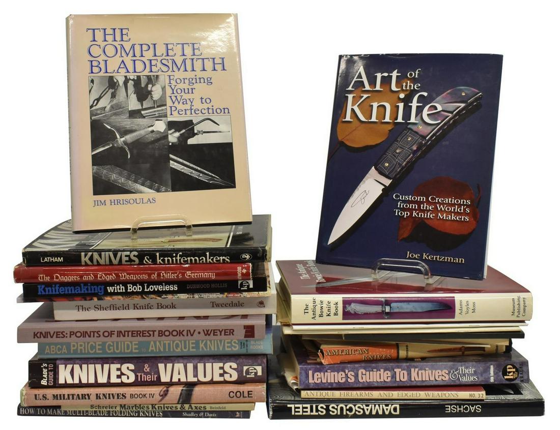 (23) BOOKS: HISTORICAL, KNIFE GUIDES, PERIODICALS: (lot of 23) Collection of books, comprising: (1) "The Antique Bowie Knife Book," Bill Adams, J. Bruce Voyles, Terry Moss, 1990, colored illustrations, 552 pages; (1) "Art of the Knife: Custom Creation