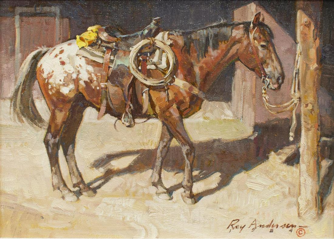 ROY ANDERSEN (1930-2019) WESTERN HORSE PAINTING: Framed oil on canvas painting, "Spilt Milk," signed lower right Roy Andersen (American, 1930-2019), dated 1984, sight: approx 8.25"h, 11.25"w, overall: approx 17"h, 20"w, 4lbs **Provenance: from the e
