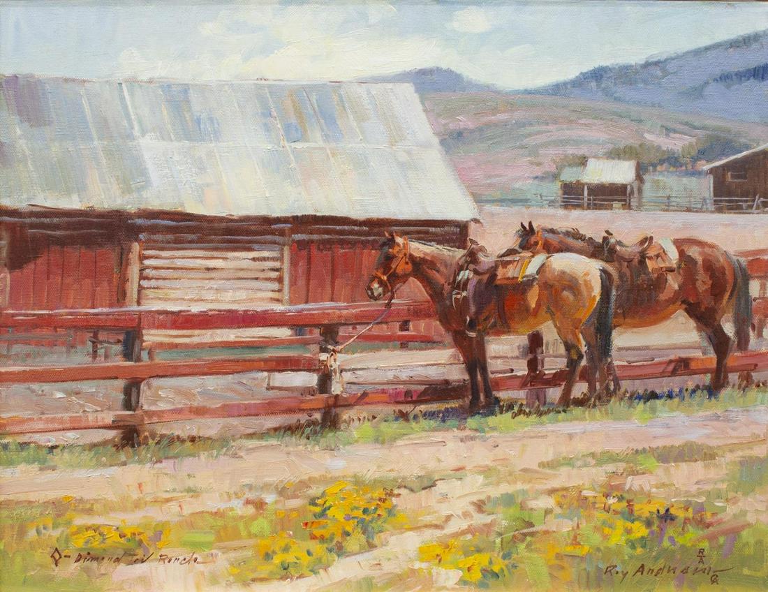 ROY ANDERSEN (1930-2019) DIAMOND TAIL RANCH: Framed oil on canvas painting, "Diamond Tail Ranch," signed lower right Roy Andersen (American, 1930-2019), sight: approx 13.75"h, 17.75"w, overall: approx 19"h, 23"w, 4lbs **Provenance: from the esta