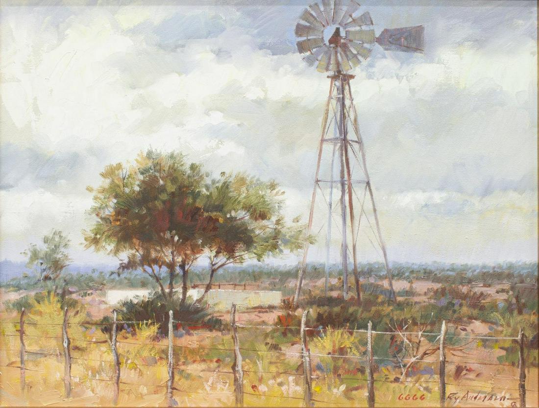 ROY ANDERSEN (D.2019) WESTERN LANDSCAPE WINDMILL: Framed oil on canvas painting, "6666," landscape with windmill, signed lower right Roy Andersen (American, 1930-2019), sight: approx 15"h, 19"w, overall: approx 20.5"h, 24.5"w, 4.5lbs **Provenance: fr