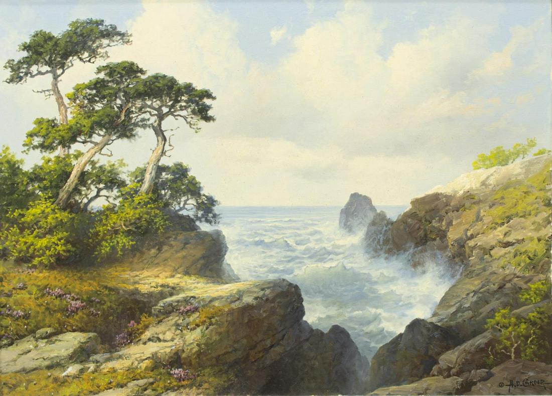 A.D. GREER (1904-1998) ROCKY CLIFFS LANDSCAPE: Framed oil on canvas painting, Rocky Cliffs with Crashing Waves, signed lower right A.D. Greer (Aubrey Dale Greer, Oklahoma, Texas, 1904-1998), sight: approx 29.5"h, 39.5"w, overall: approx 41.5"h, 51