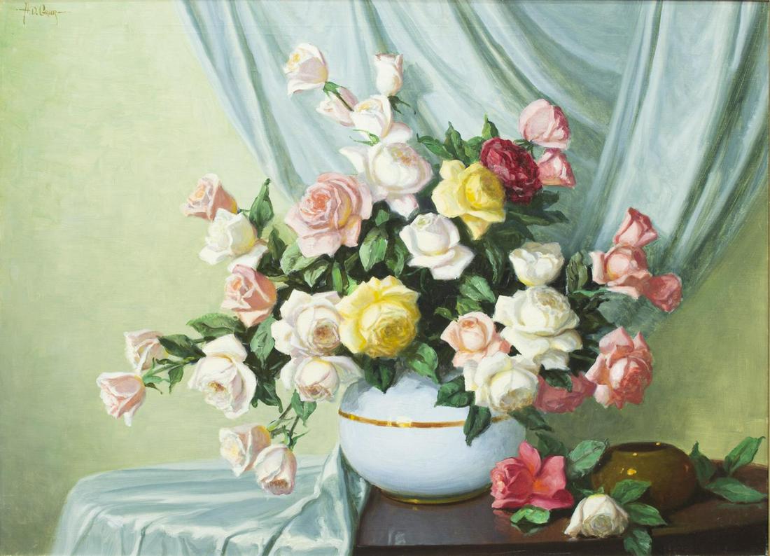 A.D. GREER (1904-1998) STILL LIFE ROSES, 30" X 40": Framed oil on canvas painting, Still Life with Mixed Roses, signed upper left A.D. Greer (Aubrey Dale Greer, Oklahoma, Texas, 1904-1998), "mixed rose" written at edge of canvas, sight: approx 29.5"h, 