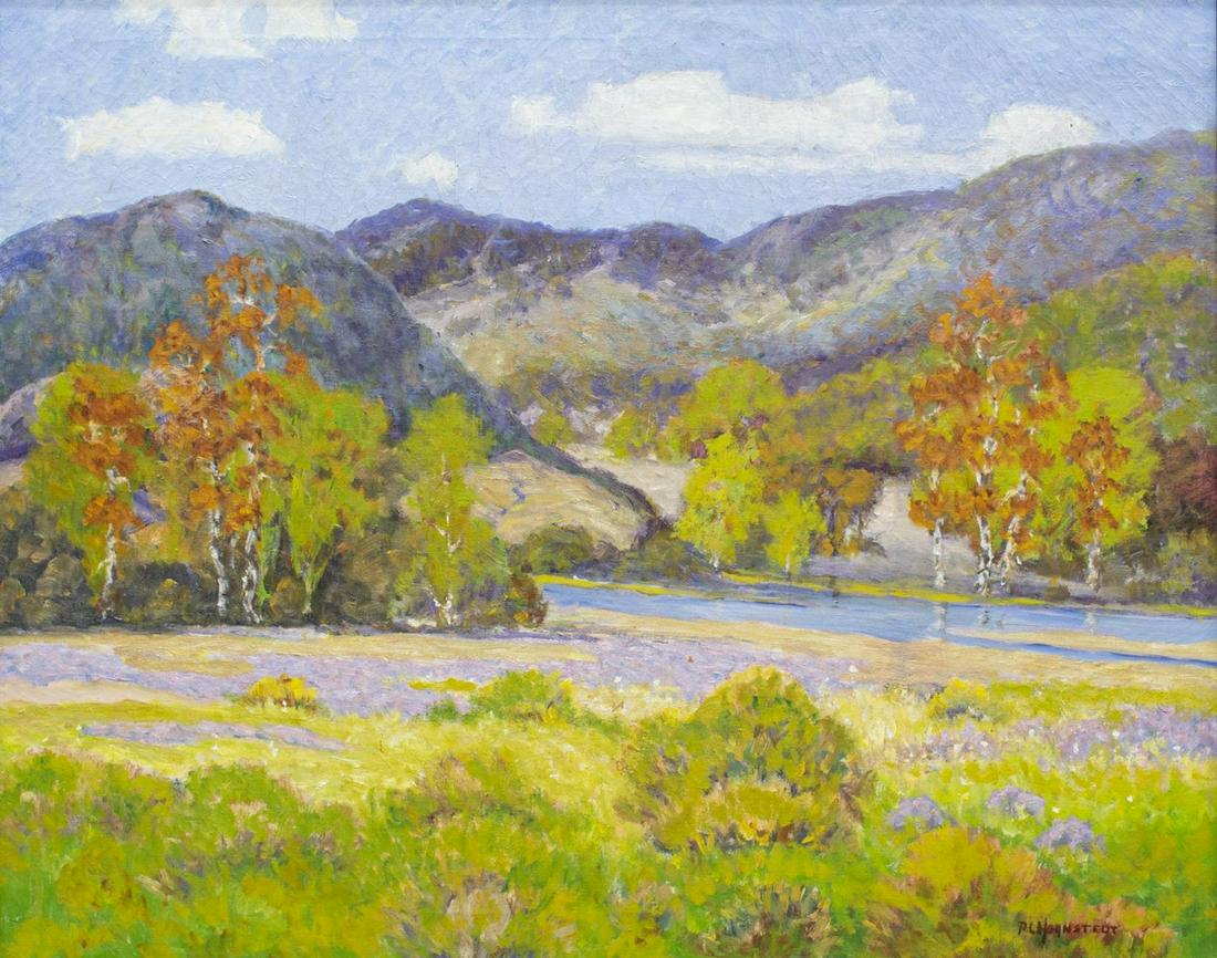 PETER HOHNSTEDT (D.1957) TEXAS LANDSCAPE 25" X 30": Framed oil on canvas painting, Texas Landscape, signed lower right P.L. Hohnstedt (Peter Lanz Hohnstedt, Ohio, Texas, 1871/72-1957), sight: approx 24.5"h, 29.5"w, overall: approx 30.5"h, 35.5"w, 10.25