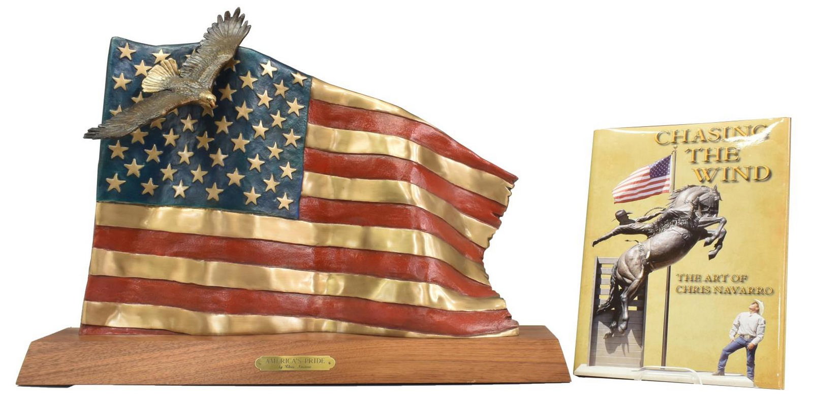 CHRIS NAVARRO (B.1956) BRONZE 'AMERICA'S PRIDE': Painted bronze sculpture, "America's Pride," Chris Navarro (Wyoming, b.1956), dated 2002, numbered 55/ 100, on wood plinth, accompanied by book: "Chasing the Wind," signed by Chris Navarro, 2009, Sign