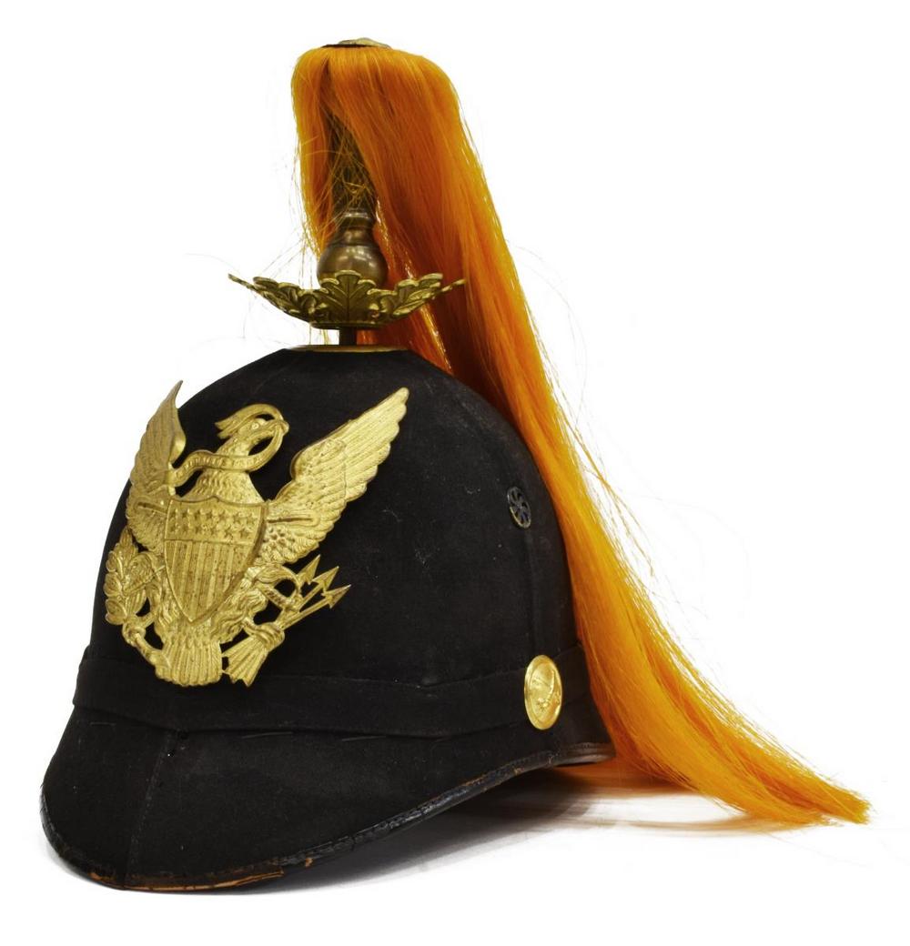 U.S. ARMY MODEL 1881 CAVALRY PLUMED DRESS HELMET: U.S. Army Model 1881 Dress Helmet, the chin strap buttons with cavalry crossed swords, the eagle plate with federal shield, an orange plume, the interior with two written names, James Milner and Frank