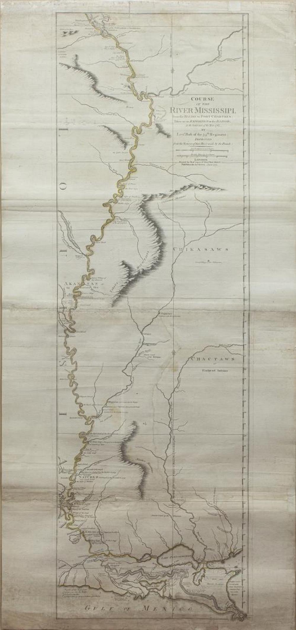 SCARCE MAP 1775, "COURSE OF THE RIVER MISSISSIPI": Framed map: "Course of the River Mississipi, from the Balise to Fort Chartres: Taken on an Expedition to the Illinois, in the latter end of the Year 1765, by Lieut. Ross of the 34th Regiment: Improved