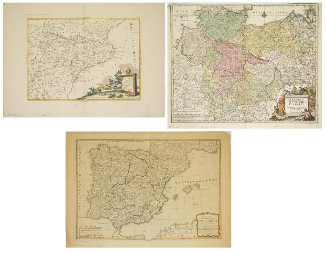 (3) ANTIQUE MAPS, SPAIN, PORTUGAL, SAXONY, 18TH C.: (lot of 3) Antique maps, including: (1) "Saxonie Inferioris Circulus...," c.1730, Georg Matthaus Seutter (German, 1678-1757), hand colored, approx 20.5"h, 23.75"w; (1) "La Catalogna Li Regni Di Aragon