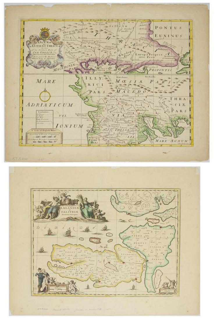 (2) ANTIQUE MAPS, MOSES PITT 1681, EDW WELLS 1701: (lot of 2) Antique maps, including: (1) Moses Pitt's (English, c.1639-1697), "The English Atlas, Vol 1" map of southeastern Denmark, including the islands of Lolland and Falster, hand colored, London,