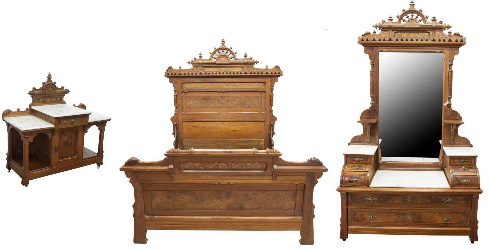(3) AMERICAN VICTORIAN WALNUT BEDROOM SET: (lot of 3) American Victorian walnut bedroom set, with burled panel accents, including: (1) dresser, with elaborate open-carved crown, central mirror, flanked by candle stands, with foliate carved acc