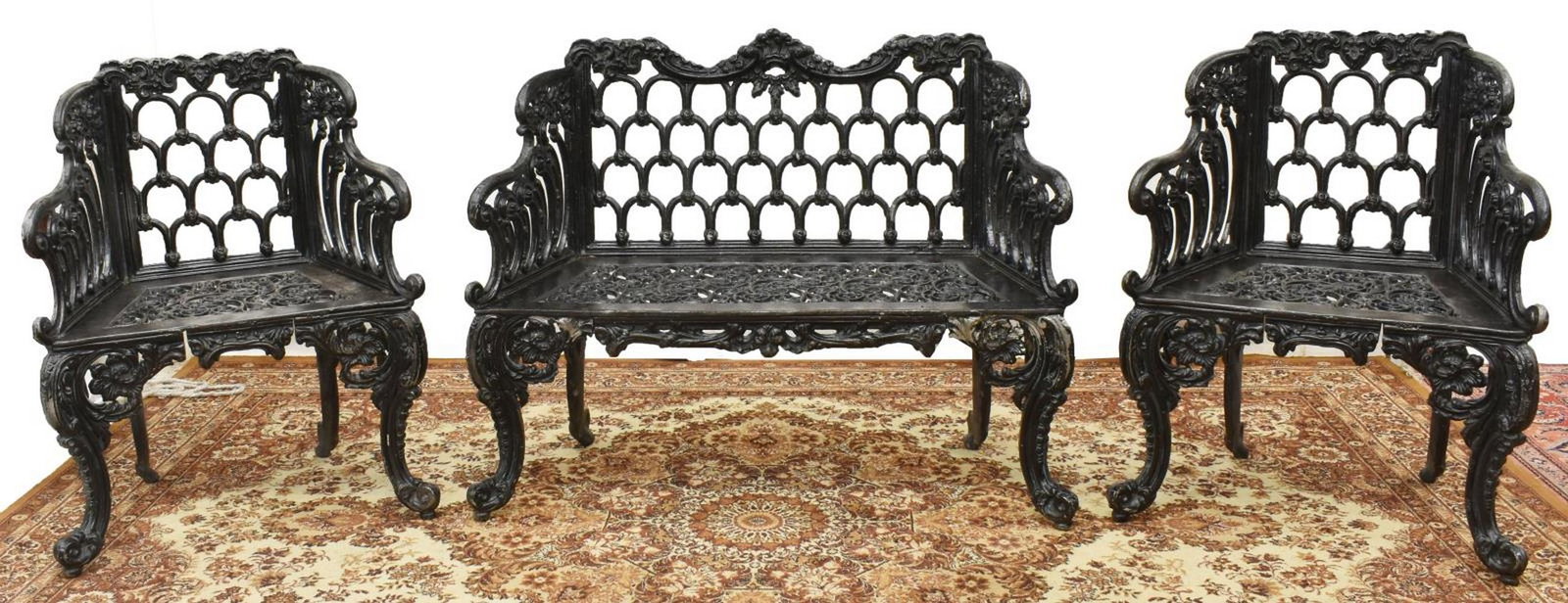 (3) CAST ALUMINUM GARDEN PATIO BENCH & CHAIRS: (lot of 3) Cast aluminum garden patio seating group, all with an openwork scroll and foliate motif, including: (1) bench, approx 34.5"h, 44"l, 20"w; (2) armchairs, approx 34.5"h, 26"w, 18.5"d Start Pr