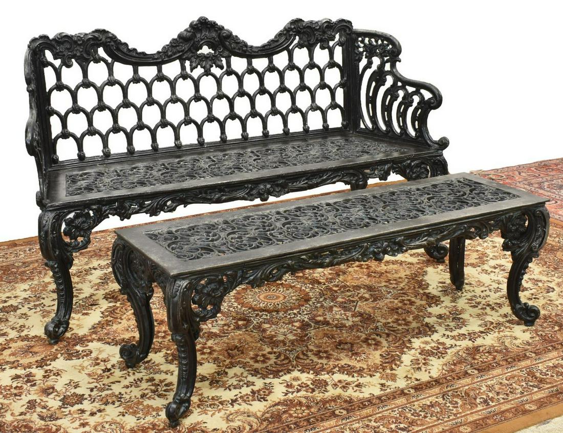 (2) CAST ALUMINUM GARDEN PATIO BENCH GROUP: (lot of 2) Cast aluminum garden patio seating group, all with a shell and openwork design, on cabriole legs, ending in a scrolled toe, including: (1) swag back bench, approx 36"h, 59"l, 20"w; (1) flat