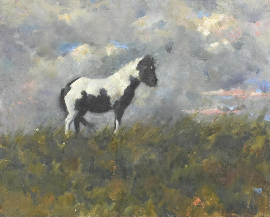 MARCUS HODGE (B.1966) BLACK & WHITE HORSE: Framed oil on canvas painting, Black and White Horse, signed lower right Marcus Hodge (English, b.1966), patched repair to canvas, sight: approx 28.5"h, 35.75"w, overall: approx 34"h, 41.5"w, 8.25lbs 