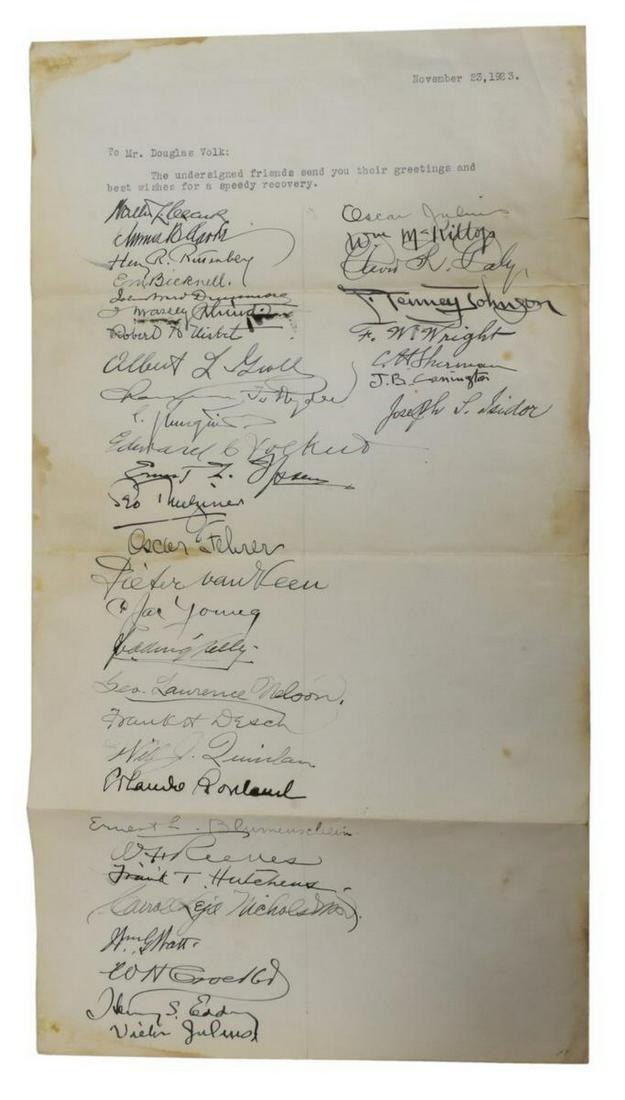 DOUGLAS VOLK (1856-1935) LETTER BY MANY ARTISTS: A note dated November 23, 1923 addressed to artist and sculptor Douglas Volk (1856-1935), wishing "a speedy recovery," signed by thirty-seven people including numerous artists of the day including: Fr