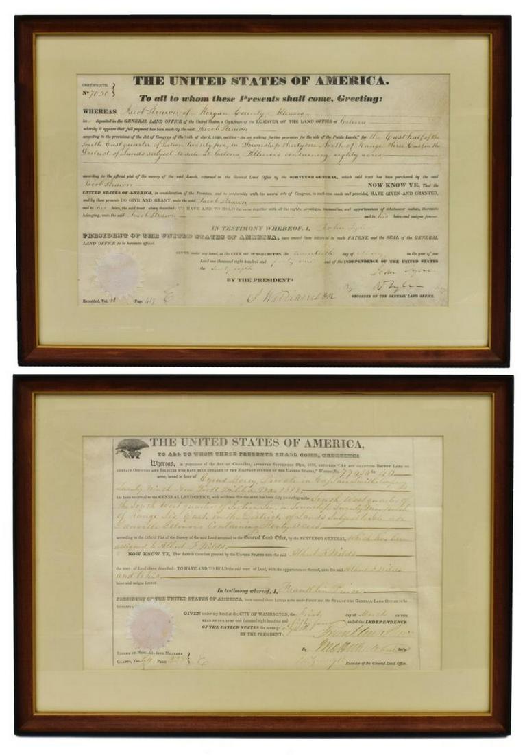 (2) U.S. LAND GRANTS, PRES. TYLER & PIERCE: (lot of 2) Framed United States land grants: (1) John Tyler (1790-1862), 10th president of the United States 1841-1845, his name signed by his son Robert Tyler (1816-1877), counter signed J. Williamso
