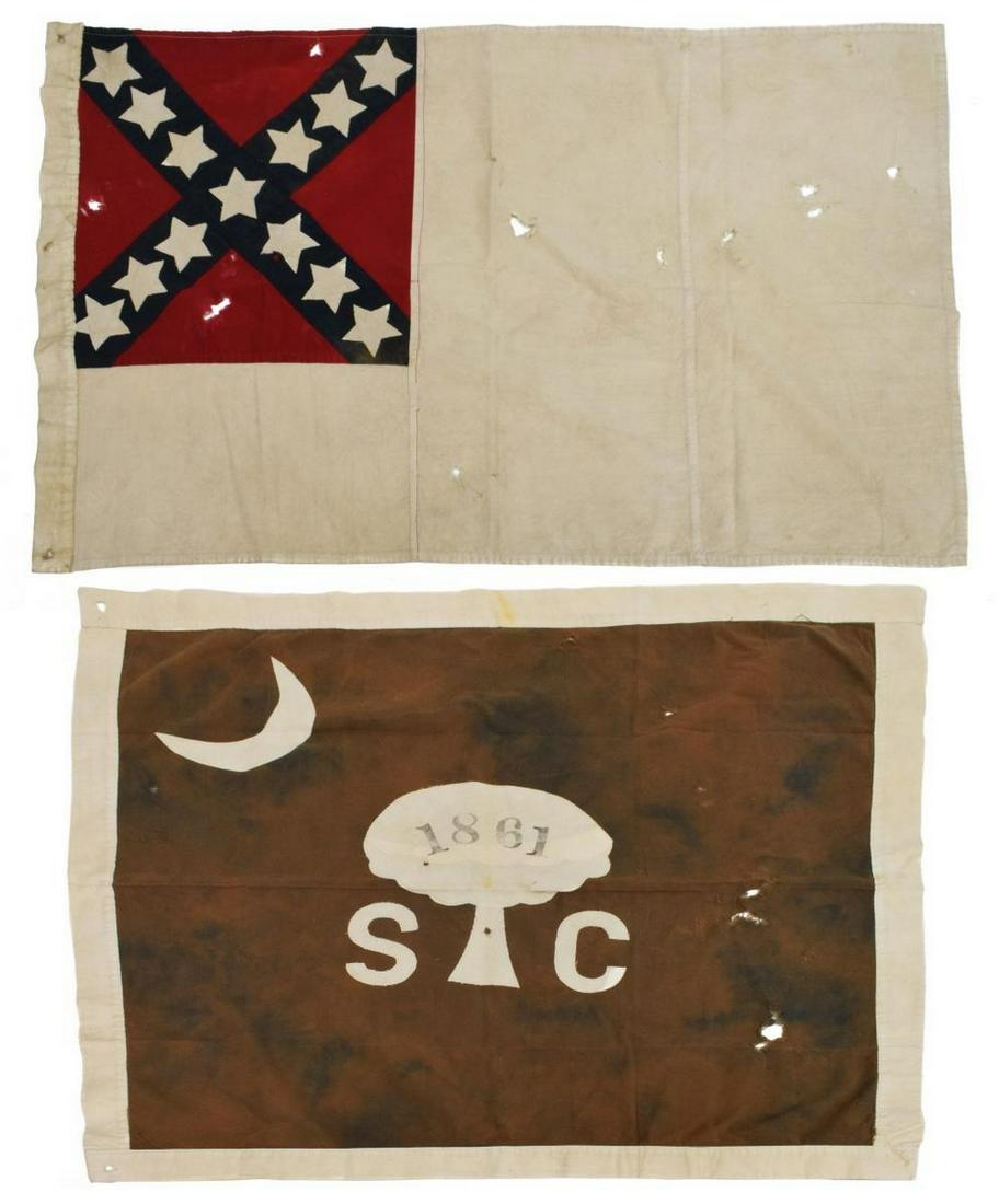 (2) REPRODUCTION CONFEDERATE CIVIL WAR FLAGS: (lot of 2) Reproduction Civil War flags, including: (1) South Carolina state flag, the stenciled date 1861, white moon, tree and SC on dark field, white border, fading, holes, approx 27.25"h, 29.25"w;