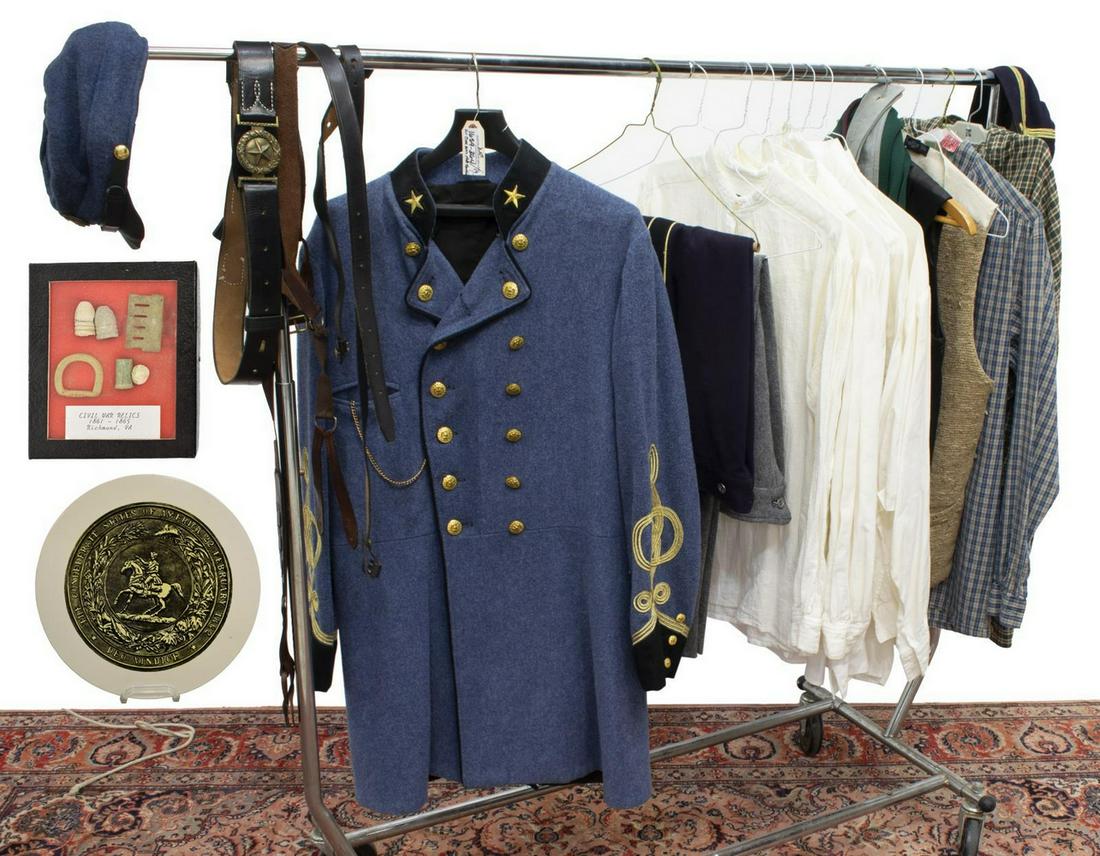(17) CIVIL WAR CONFEDERATE REENACTOR CLOTHINS: (lot of 19) Civil War reenactor clothing, Confederate, including: (1) wool frock coat size 40R with Major's star at collar, gilt 13 star eagle buttons, pocket watch and chain; (2) Kepi hats; (1) belt 