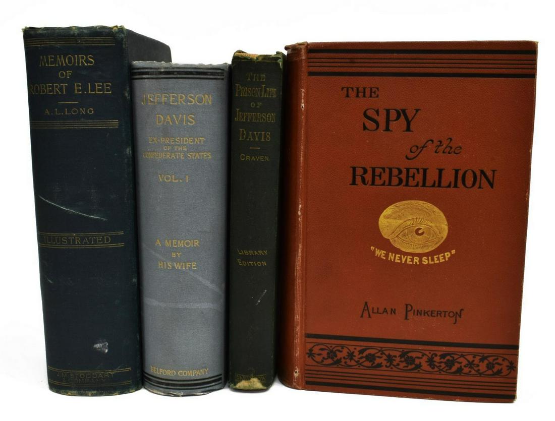 (4) U.S. CIVIL WAR BOOKS, LEE, DAVIS, PINKERTON: (lot of 4) Books related to the US Civil War: (1) "Memoirs of Robert E. Lee: His Military and Personal History," A.L. Long (Armistead Lindsay Long, Virginia, 1825-1891, Brigadier General, CSA), Stodda