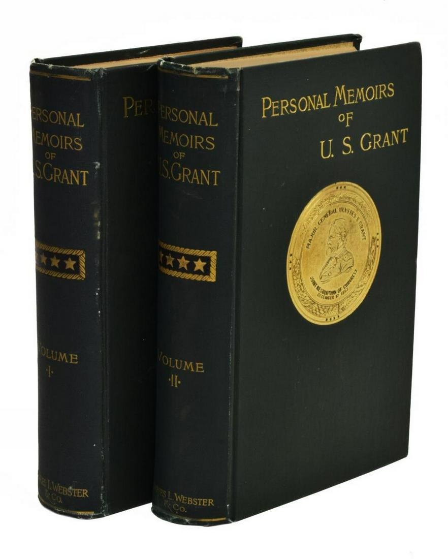 (2 VOL) BOOKS: PERSONAL MEMOIRS ULYSSES S. GRANT: (2 Volumes) Books: "Personal Memoirs of U.S. Grant," Ulysses S. Grant, Charles L. Webster & Company, New York, 1892, vol. I: 584 pages, vol. II: 647 pages, green cloth with gilt embossing, first pages