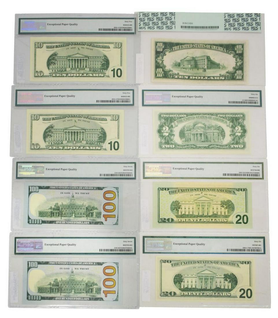 (8) U.S. CURRENCY, LOW SN, STAR NOTES, CONSEC SN: (2) $100 Federal Reserve notes, Series 2009, consecutive serial numbers, PMG graded 67EPQ, Superb Gem Uncirculated, Rios/Geithner signers;(1) $20 Federal Reserve Star Note, Series 1996, PMG graded 66E