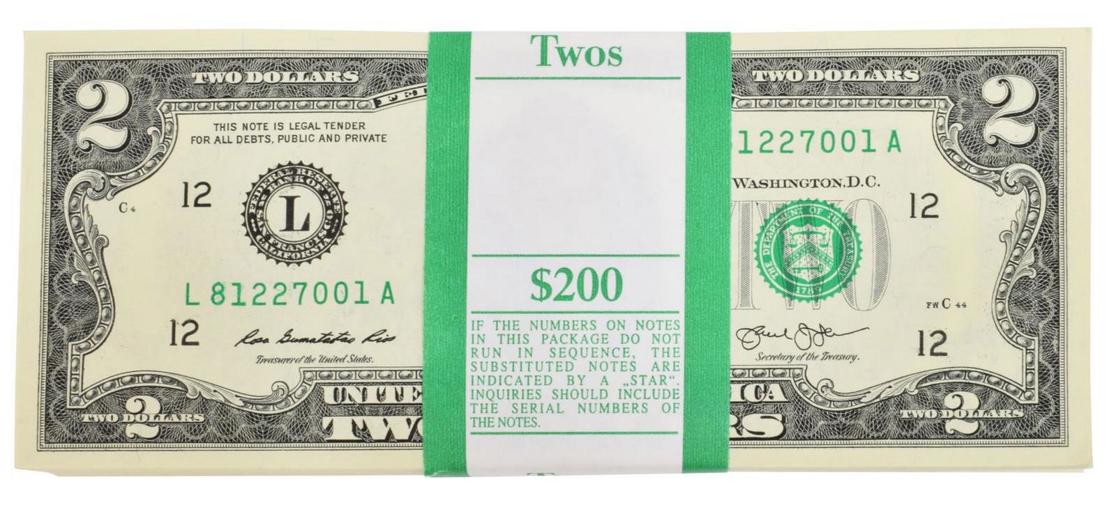(100) U.S. TWO-DOLLAR BILLS, CONSEC SNs, UNCIRC.: (lot of 100) U.S. two-dollar bills, uncirculated, all consecutive serial numbers, Series 2013, Federal Bank of San Francisco Start Price: $250.00