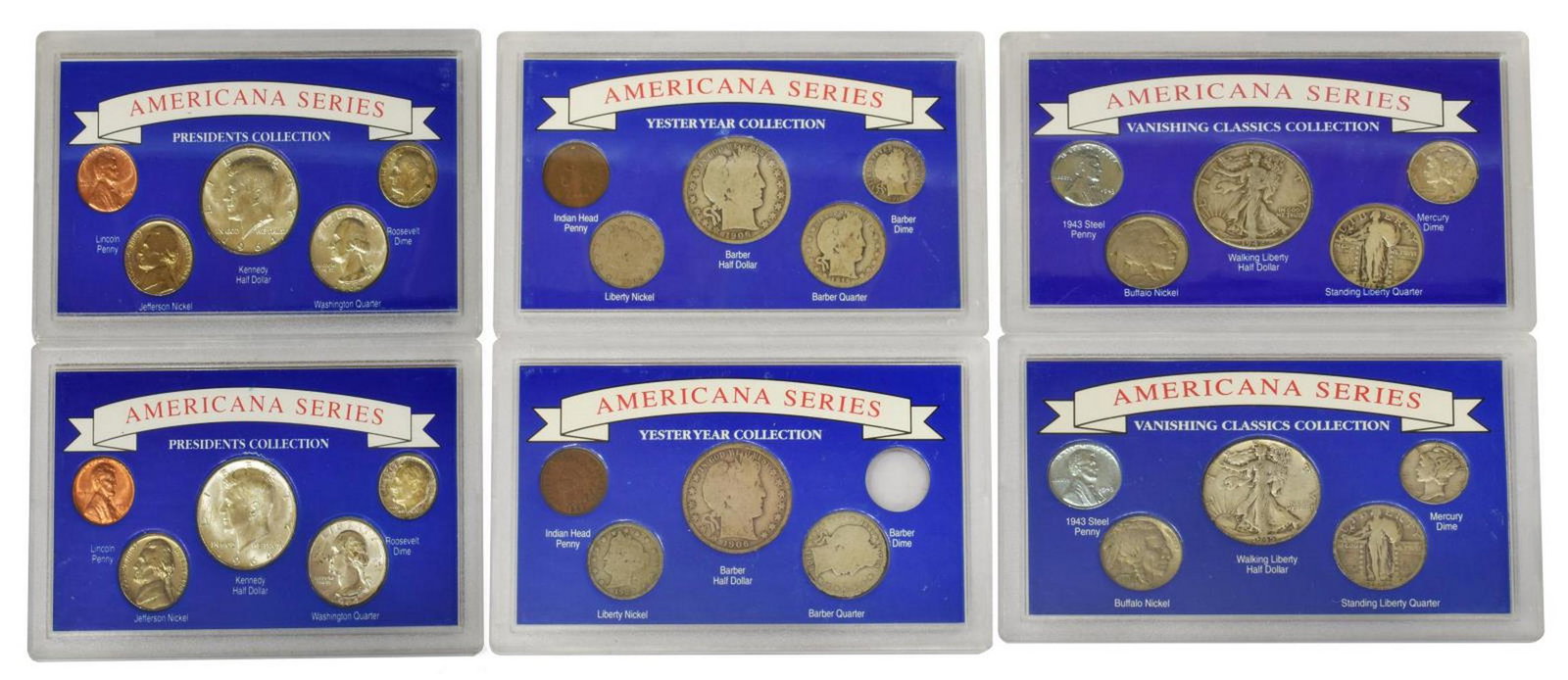 (6) AMERICAN SERIES COIN COLLECTION, PLASTIC CASES: (lot of 6) American Series, Vanishing Classics Collection in plastic cases, each with: (2) Barber Half Dollar; (2) Barber Quarter; (1) Barber Dime, lacking one; (2) Liberty Nickel; (2) Indian Head Pen