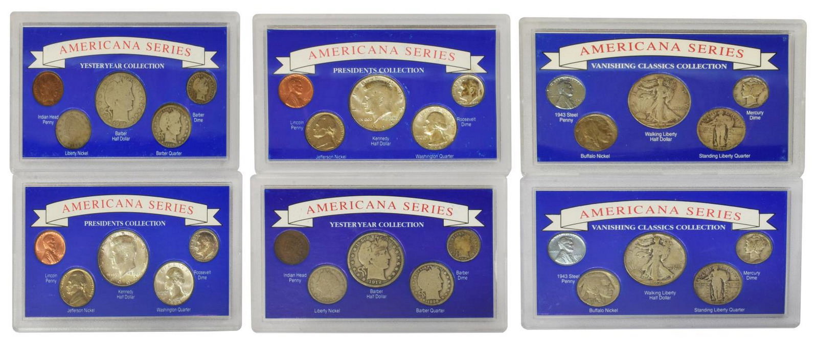 (6) AMERICAN SERIES COIN COLLECTION, PLASTIC CASE: (lot of 6) American Series, Vanishing Classics Collection in plastic cases, each with: (2) Barber Half Dollar; (2) Barber Quarter; (2) Barber Dime; (2) Liberty Nickel; (2) Indian Head Penny; (2) Walki