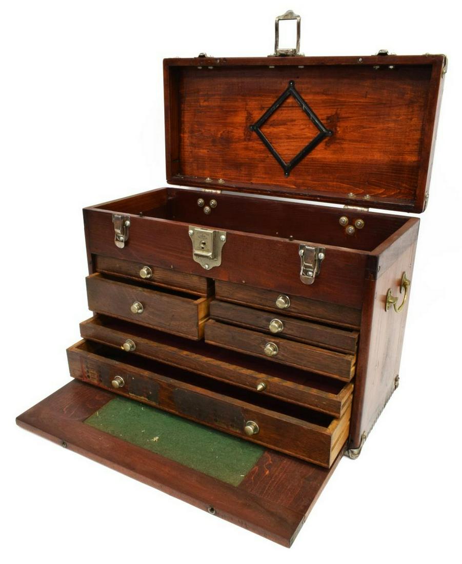 H. GERSTNER & SONS OHIO MACHINIST'S TOOL CHEST: American machinist's tool chest, H. Gerstner & Sons, Dayton, Ohio, early 20th c., model O-41, rectangular case with side carrying handles, hinged top, over drop-front panel, seven small interior drawe