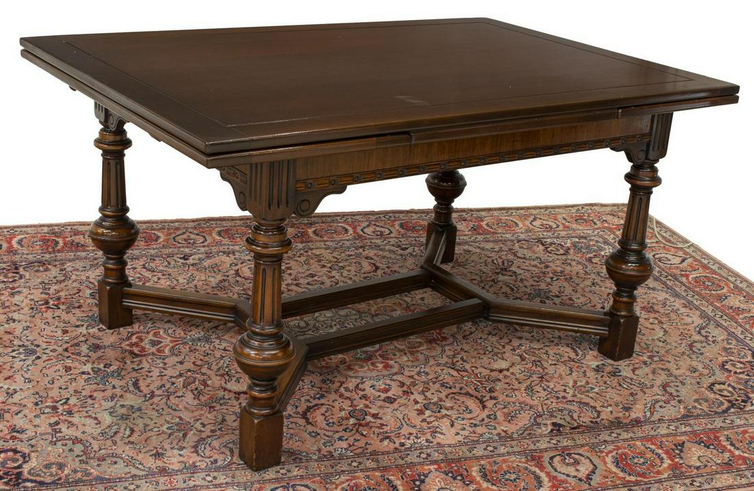 AMERICAN BERKEY & GAY DRAW-LEAF DINING TABLE: American draw-leaf dining table, Berkey & Gay Furniture, first half 20th c., rectangular tabletop with draw leaves, rising on turned and fluted legs, joined by cross stretcher, approx 31"h, 60"w, 40"d