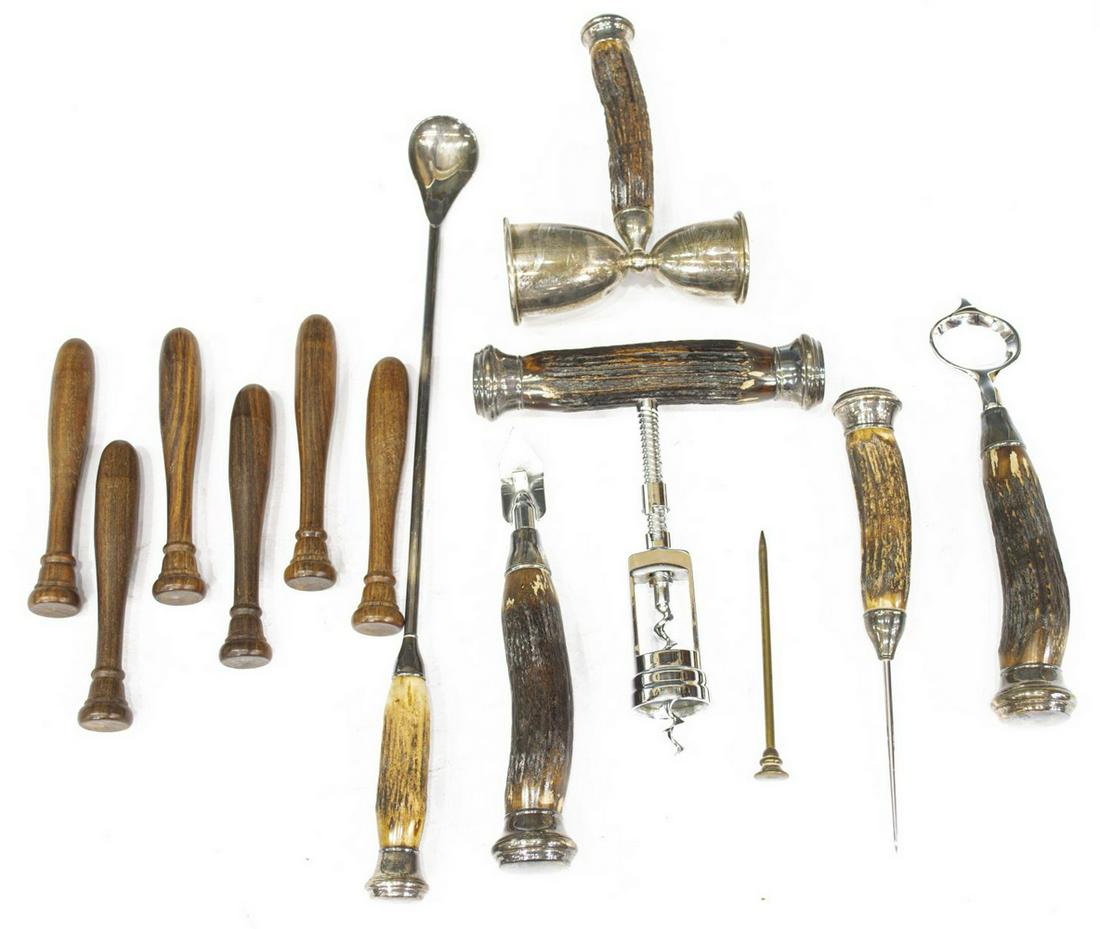 (13) JOHN HASSELBRING STERLING & STAG BAR SET: (lot of 13) Stag antler and sterling silver bar set, John Hasselbring, (1865-1955) Silversmith, Brooklyn, New York, consisting of (7) original pieces with corkscrew, bottle opener, can opener, double 