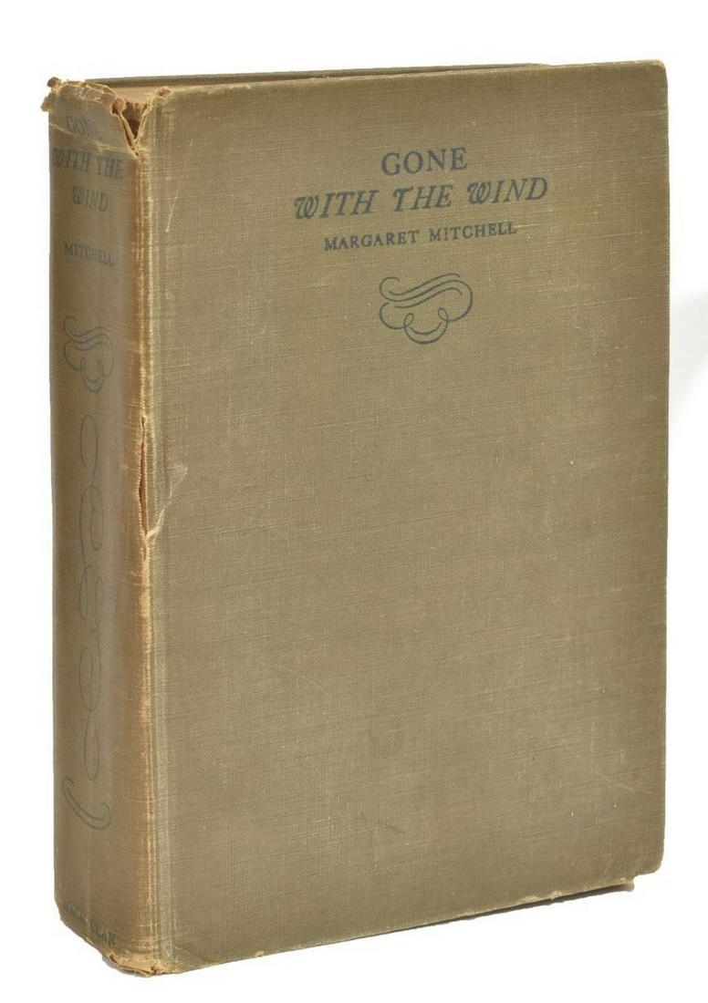 GONE WITH THE WIND 1ST EDITION 2ND PRINT JUNE 1936: Book: "Gone with the Wind," Margaret Mitchell, Macmillan Company, June 1936, first edition, second printing, 1037 pages, hardcover, no dust jacket, slight tears, bumps, approx 8.5"h, 6"w, 1.75"d, 2.75
