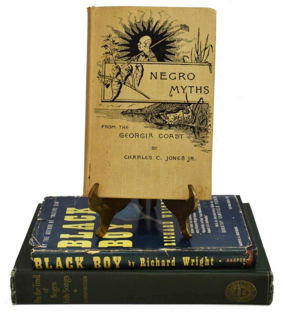 (3) BOOKS: NEGRO MYTHS 1888, FOLK SONGS, BLACK BOY: (lot of 3) Books: including: (1) "Negro Myths from the Georgia Coast: Told in the Vernacular," Charles C. Jones Jr., Houghton, Mifflin and Company, Boston and New York, 1888, 166 pages, Fitch H. Steph
