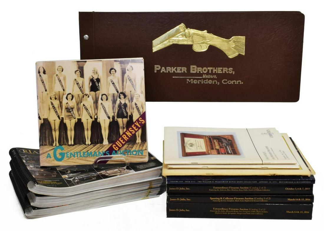 (12) CATALOGS: PARKER BROTHERS SHOWROOM, AUCTION: (lot of 12) Auction and showroom catalogs, including: (1) Parker Brothers 1895 facsimile showroom catalog, 1974, initialed and numbered limited edition 280/ 500, embossed and ink collection stamps, ap