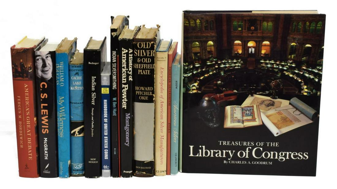 (14) BOOKS: AMERICAN SILVER PEWTER, INDIAN JEWELRY: (lot of 14) Books: including: (1) "American Silversmiths and Their Marks, Stephen G.C. Ensko, copyright 1937, second edition, 82 pages, cover with embossed collection stamp, (1) "American Silver," Mil