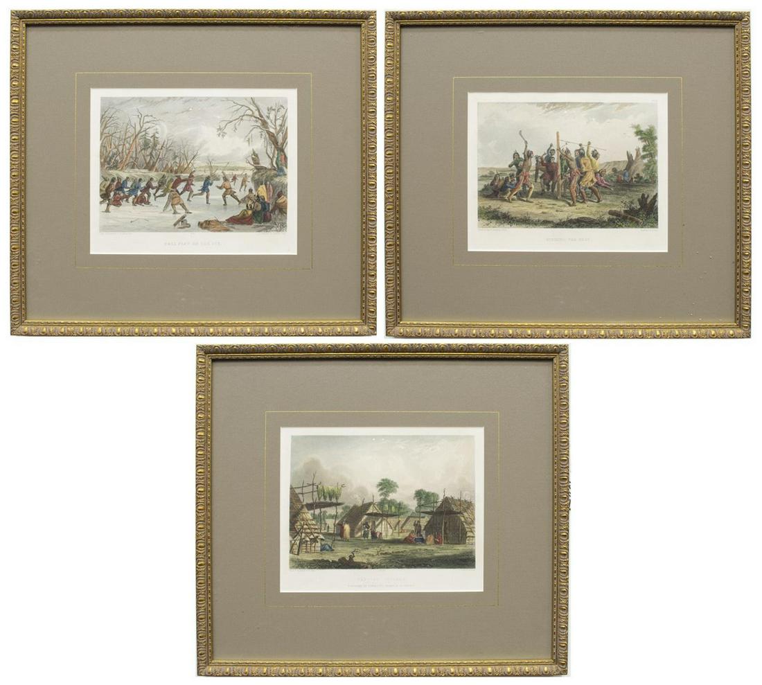 (3) CAPTAIN S. EASTMAN NATIVE AMERICAN ENGRAVINGS: (lot of 3) Framed hand-colored engravings on paper, after Captain Seth Eastman (American, 1808-1875), including: (1) "Dakotah Village," engraved by John C. McRae (fl.1850-1880), published by Lippincot
