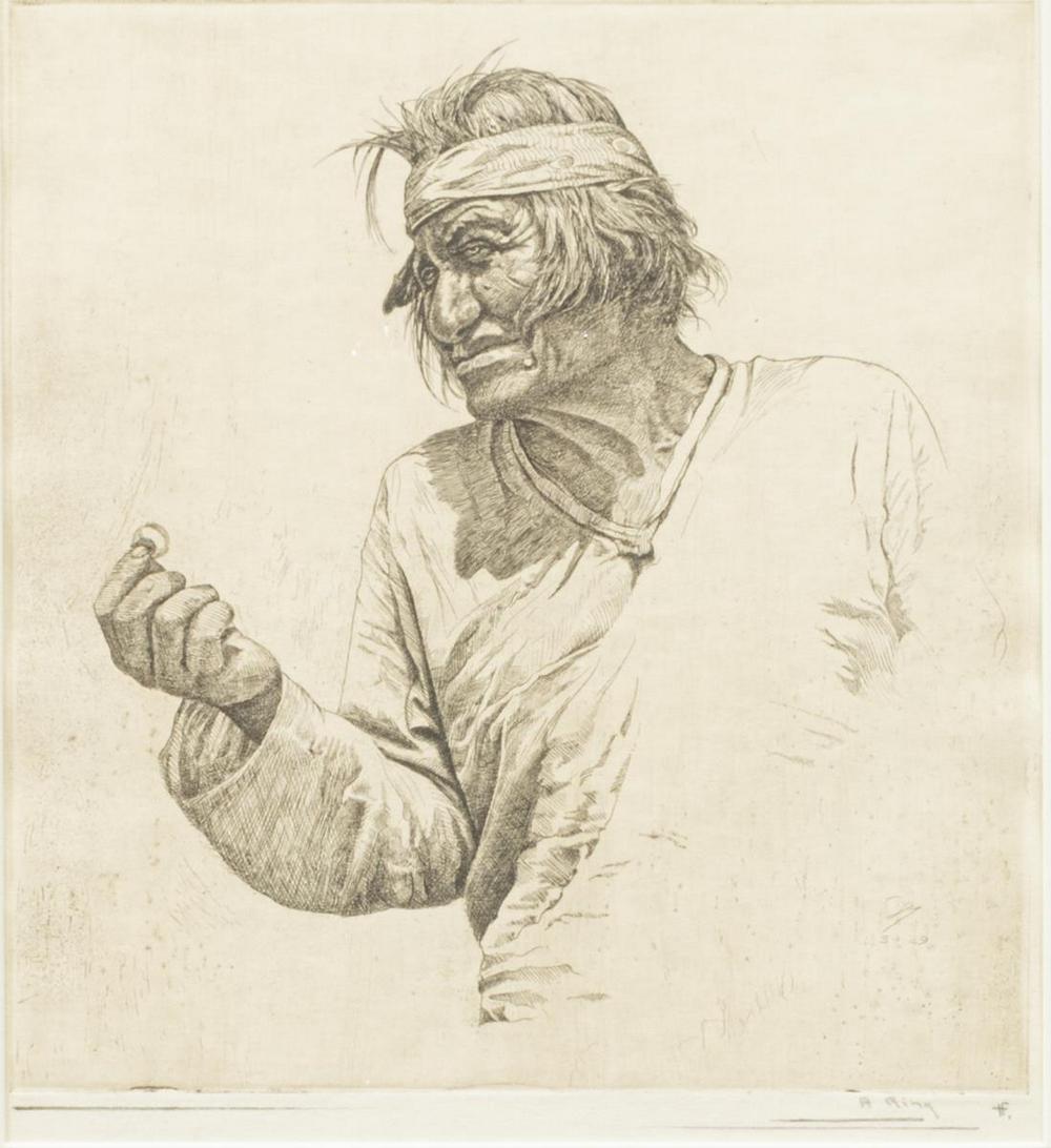 WALLACE LEROY DE WOLF (1854-1930) INDIAN ETCHING: Framed etching on paper, "A Ring," signed in plate De (Wallace Leroy De Wolf, Illinois, California, 1854-1930), dated 5-29, titled in lower right margin, sight: approx 9"h, 8"w, overall: approx 17.5"h