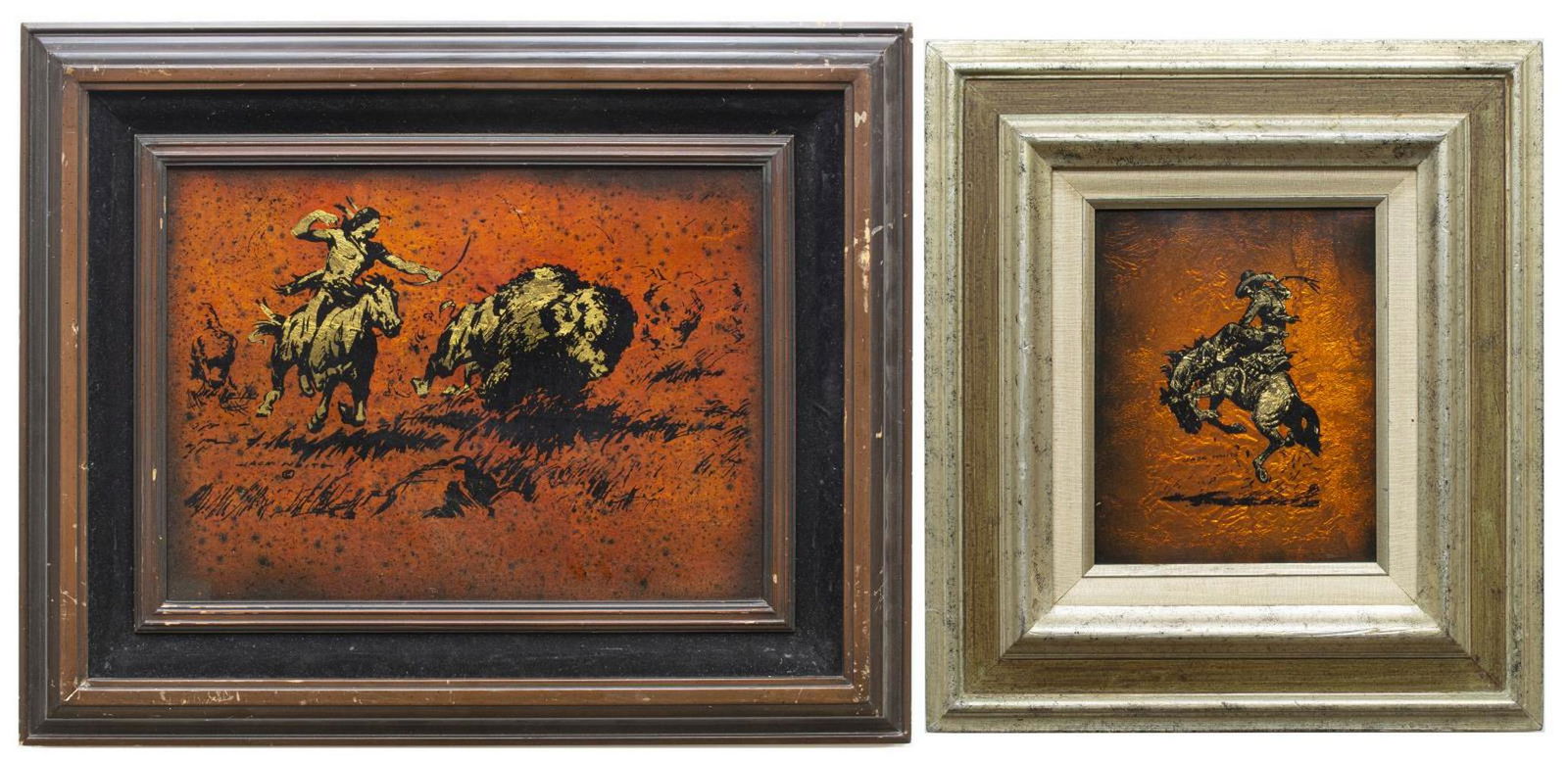 (2) JACK WHITE (TX, B.1933) BUFFLO HUNT & BRONCO: (lot of 2) Framed gold leaf/ gilt foil art on glass verso, signed Jack White (Texas, 1933-2016), including: (1) Bucking Bronco, sight: approx 9.5"h, 7.5"w, overall: approx 18.5"h, 16.5"w; (1) Buffalo