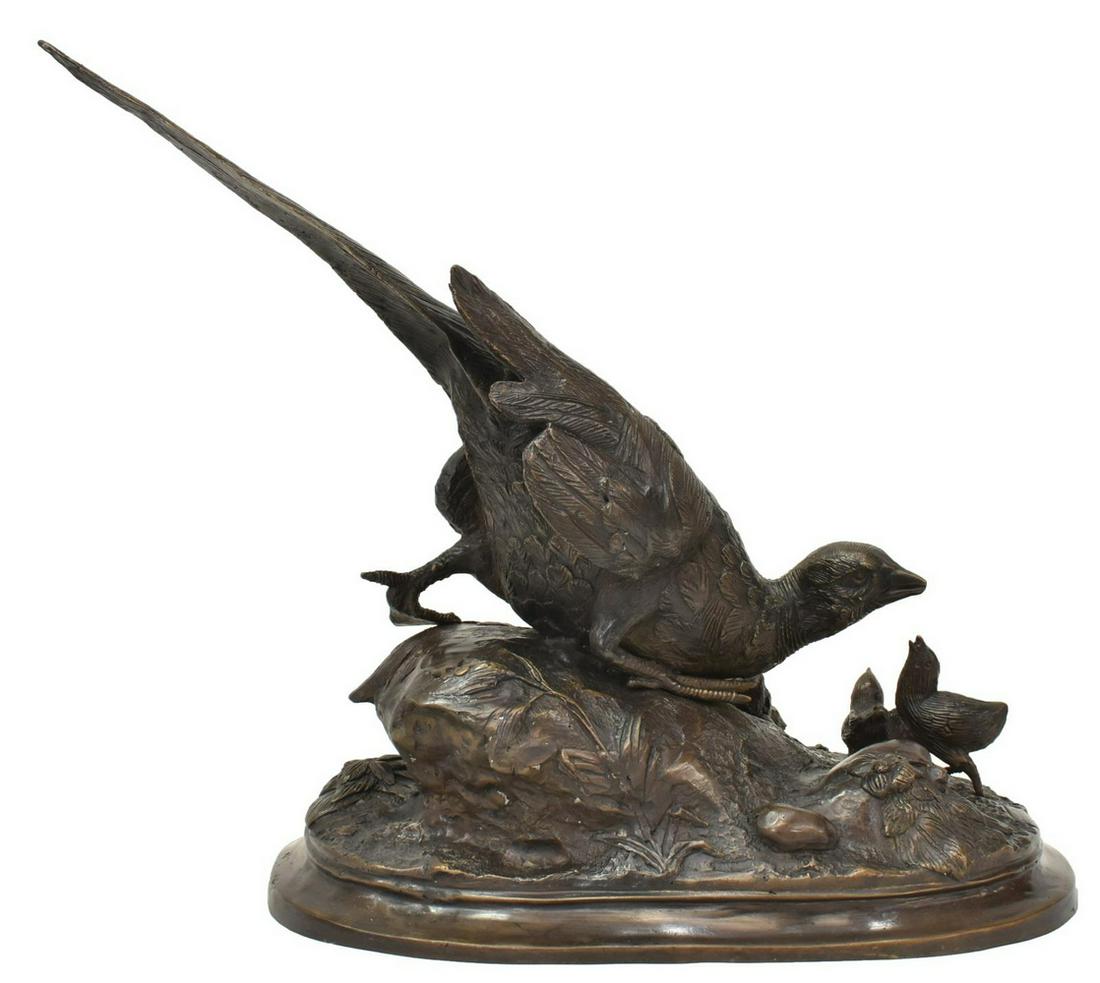 BRONZE SCULPTURE, PHEASANT WITH FIVE CHICKS, 23"W: Bronze sculpture, Pheasant with Five Chicks, unsigned, after a work by Jules Moigniez (French, 1835-1894), approx 16.75"h, 23.5"w, 10.75"d Start Price: $300.00