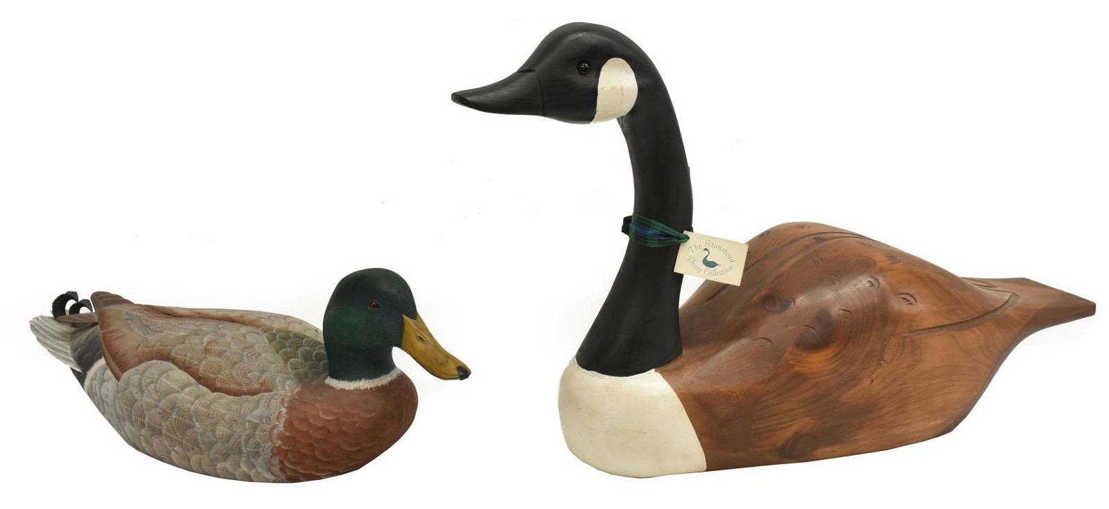 2) HAND CARVED DUCK DECOY & CANADIAN GOOSE, SIGNED: (lot of 2) Hand-carved and painted decoys, including: (1) Paul Duff (American, 20th c.), "Mallard Drake," signed with presentation, dated 12-25-2000, finely detailed with inset eyes and curled tail fe