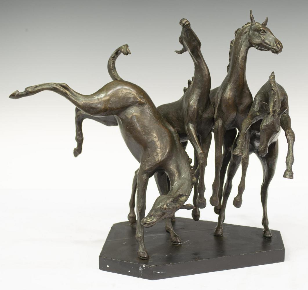 PATINATED BRONZE FOUR BUCKING BRONCOS SCULPTURE: Patinated bronze sculpture, depicting four bucking broncos, rising on metal base, approx 13.5"h, 14"w, 11"d, 33lbs Start Price: $80.00