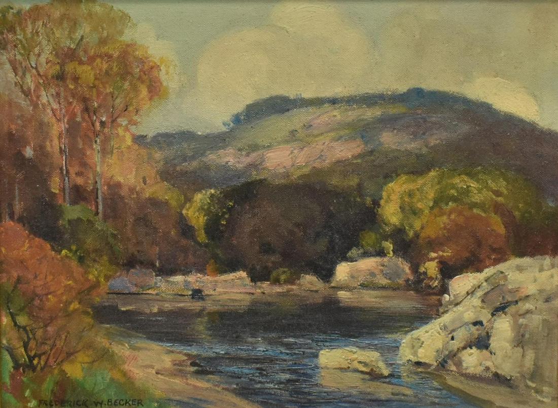 FREDERICK W. BECKER (1888-1974) RIVER LANDSCAPE: Framed oil on canvas board, River Landscape, signed lower left Frederick W. Becker (Frederick William Becker, American, 1888-1974), sight: approx 8.5"h, 11.5"w, overall: approx 12.75"h, 15.75"w, 2.75l