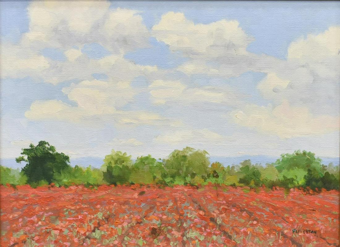 BYRON FULLERTON (1929-2011) PAINTING RED POPPIES: Framed oil on canvas painting, "Red Poppies," signed lower right Fullerton (Byron Fullerton, Texas, 1929-2011), Austin Galleries label with title verso, sight: approx 11.5"h, 15.5"w, overall: approx 1