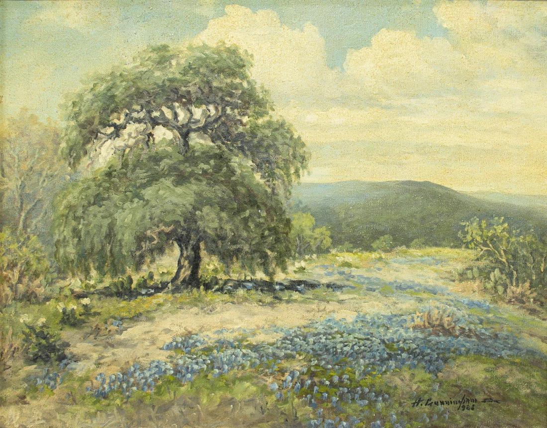 H.D. CUNNINGHAM, 20th C., TEXAS LANDSCAPE PAINTING: Framed oil painting on canvas, Texas Hills Country, signed, dated 1988, lower right H. Cunningham, initialed on verso H.D.C., sight: 15.5"h, 19.5"w, overall: 20.25"h, 24.25"w, 3.35lbs Start Price: $80