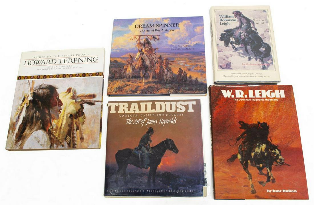 (5) BOOKS: WESTERN ARTIST MONOGRAPHS, (1) SIGNED: (lot of 5) Books on western art, including: (1) "Dream Spinner: the Art of Roy Andersen," Jan Adkins, Settlers West Galleries, Tucson, 2000, stated first edition, 166 pages, signed by Roy Andersen in