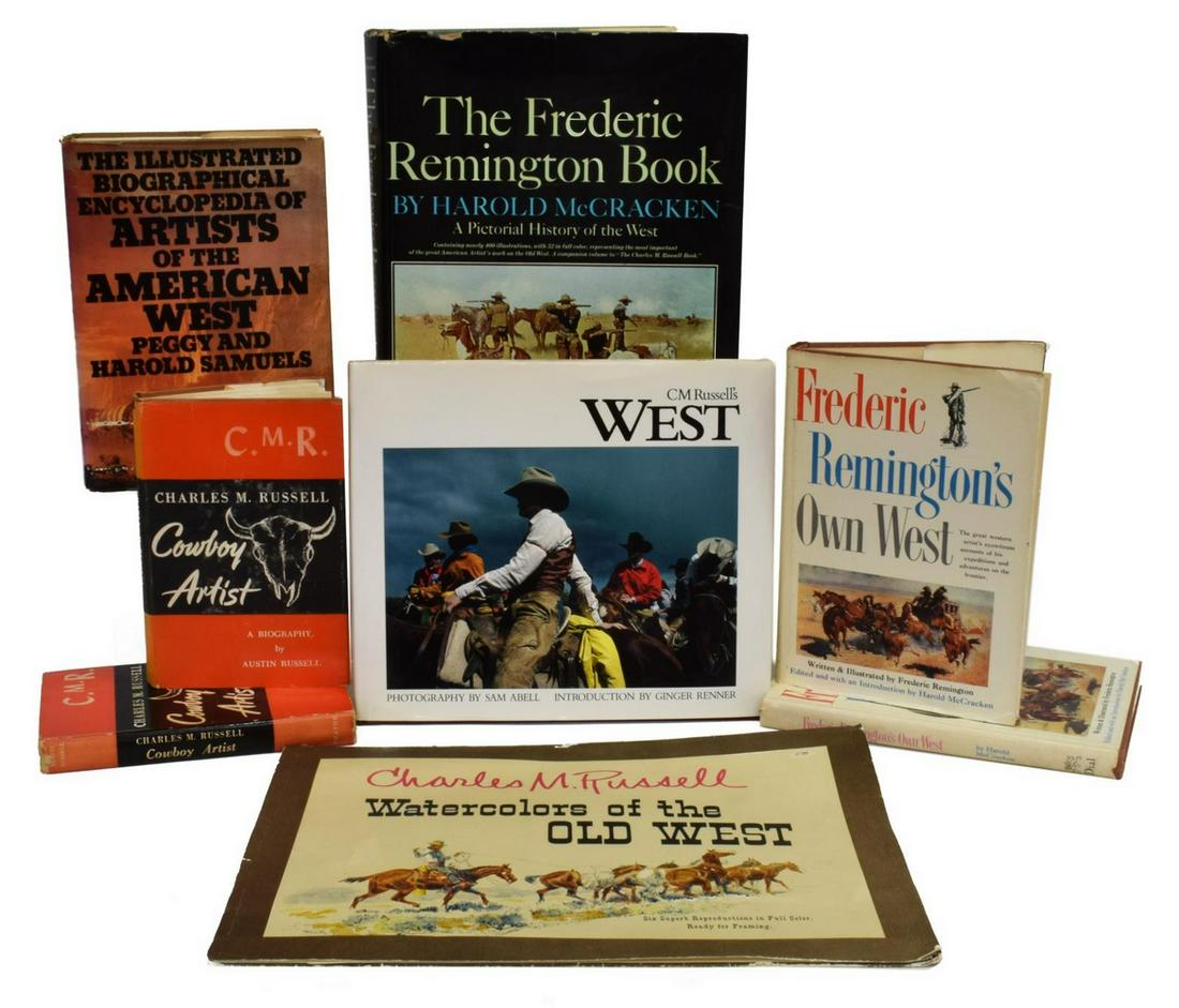 (8) WESTERN ART BOOKS: REMINGTON & C.M. RUSSELL: (lot of 8) Western art books, including: (1) "The Frederic Remington Book: a Pictorial History of the West," Harold McCracken, Doubleday & Company, Inc., Garden City, New York, 1966, illustrations by 