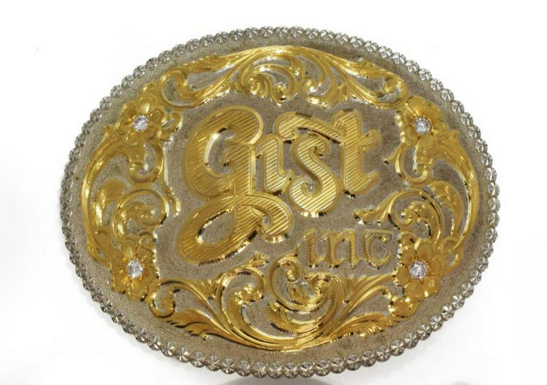 2) GIST ARTIST PROOF & 1923 STERLING BUCKLE GROUP: (lot of 2) Western and other buckle group: (1) large Gist Silversmiths sterling buckle, an Artist's Proof, with logo and inlaid clear stones, retains original worn box, buckle: approx 4.25"h, 4.5"l, 5