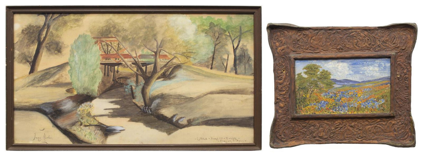 (2) TEXAS PAINTINGS BRAZOS BRIDGE & BLUEBONNETS: (lot of 2) Framed paintings, including: (1) watercolor and gouache on board, "Little Brazos Bridge, Reagan, Texas," signed lower left Inez Harlan, sight: approx 9.75"h, 17.75"w, overall: approx 10.75"