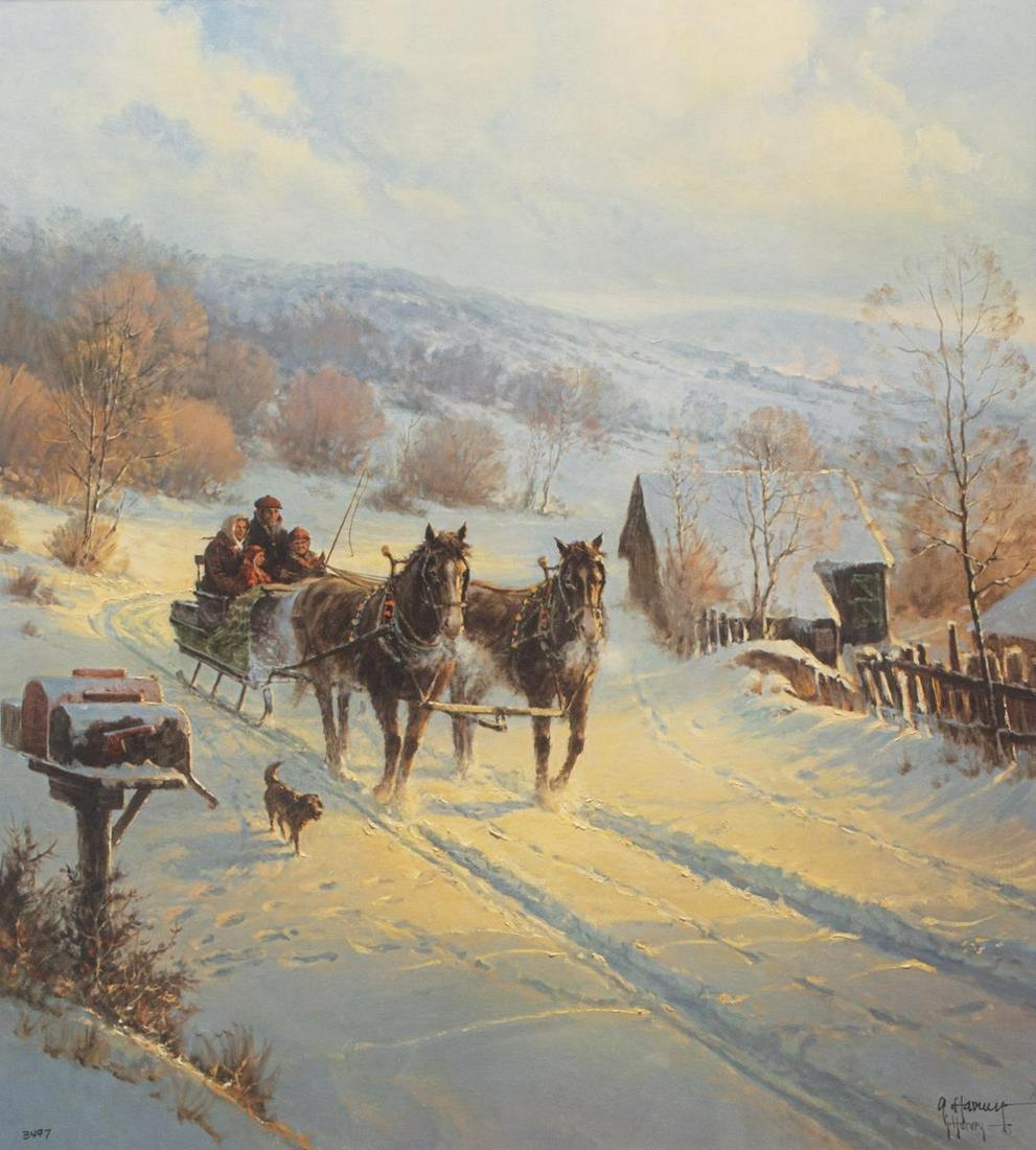 SIGNED G. HARVEY (TEXAS) SNOWY CARRIAGE RIDE PRINT: Framed print behind glass, "Building Memories," signed lower right G. Harvey (Gerald Harvey Jones, Texas, 1933-2017), numbered 3497 lower left, sight: approx 20"h, 18"w, overall: approx 28"h, 26"w, 8.